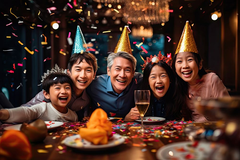 Family celebrating together party confetti table. AI generated Image by rawpixel.