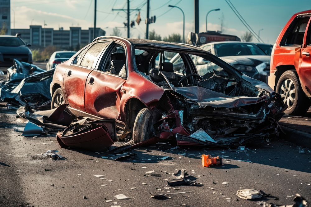 Smashed cars accident vehicle road. AI generated Image by rawpixel.
