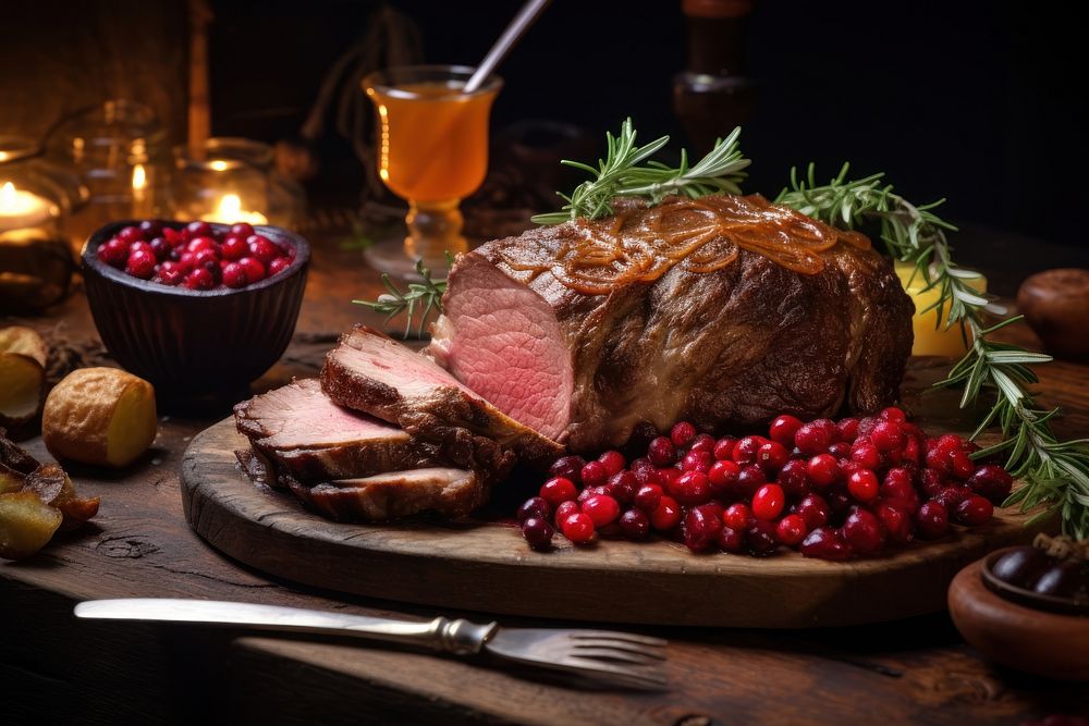 Roast beef venison dinner fruit meat. AI generated Image by rawpixel.