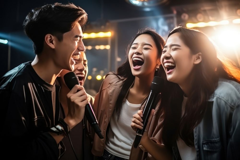 Filipino teenage friends karaoke laughing adult. AI generated Image by rawpixel.