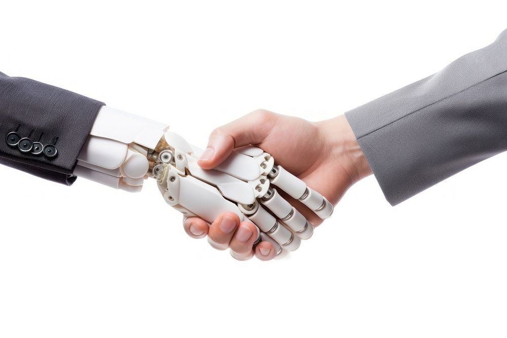 Robot hand handshake human white background. AI generated Image by rawpixel.