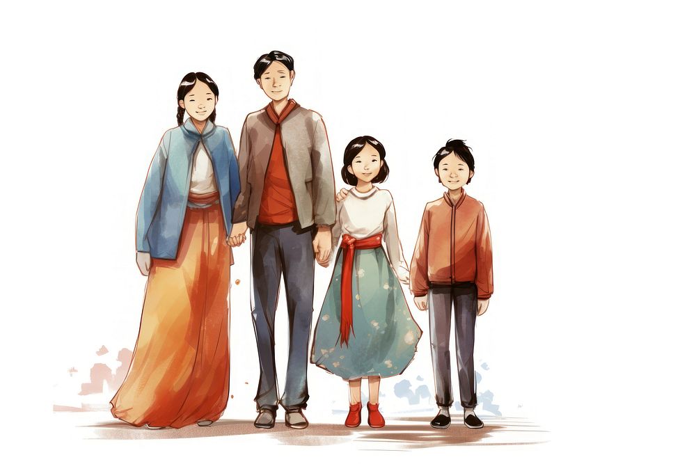 Asian family sketch walking adult. AI generated Image by rawpixel.