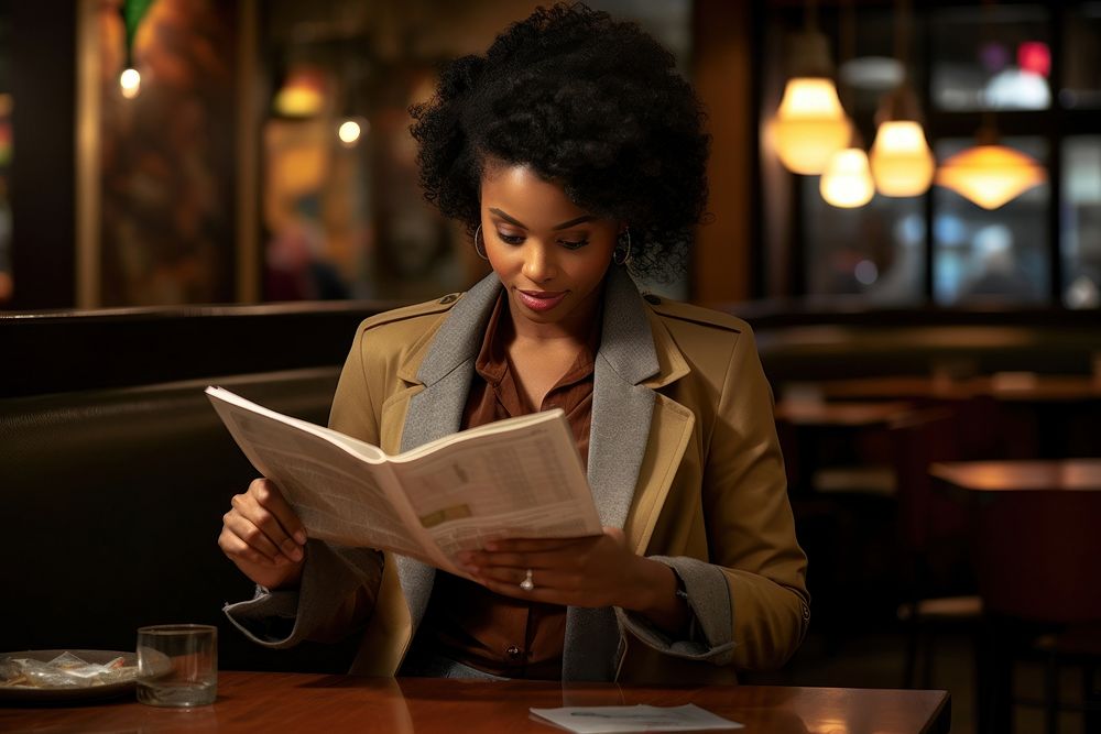 African American woman restaurant reading looking. AI generated Image by rawpixel.