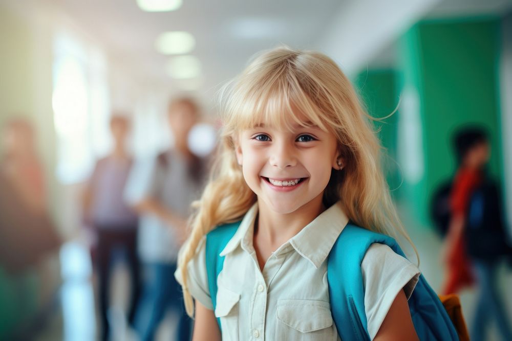 Student smiles school blonde child. AI generated Image by rawpixel.