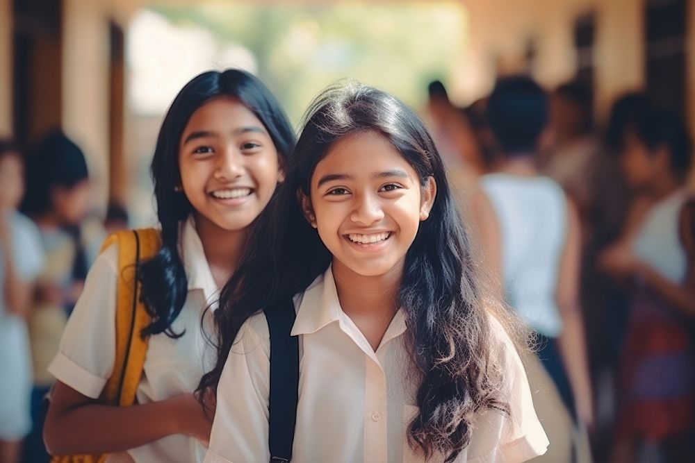 Young school student smiling smile girl togetherness. AI generated Image by rawpixel.
