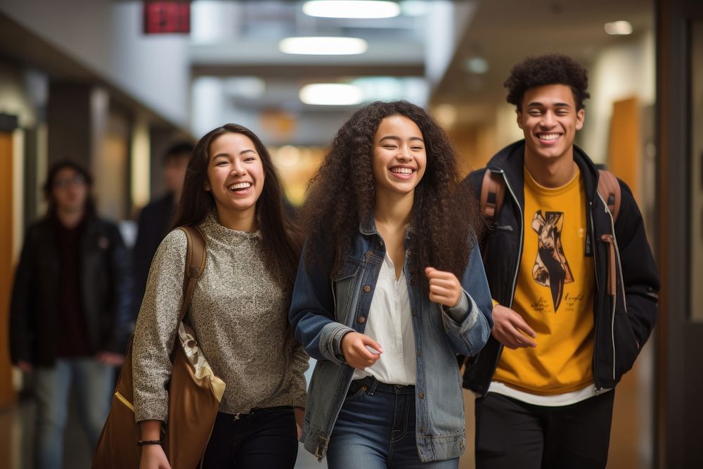 High school students walking laughing adult togetherness. AI generated Image by rawpixel.