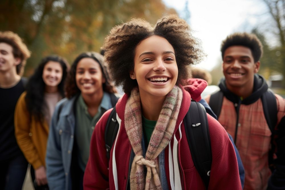 High school students walking laughing smiling adult. AI generated Image by rawpixel.