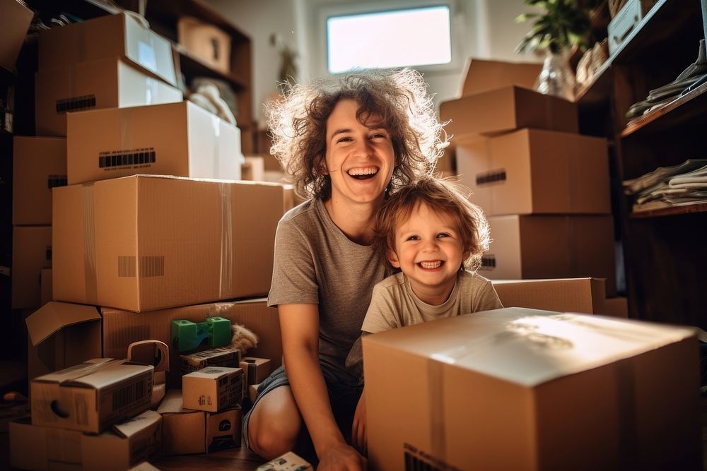 Mother and son help pack box cardboard adult. AI generated Image by rawpixel.