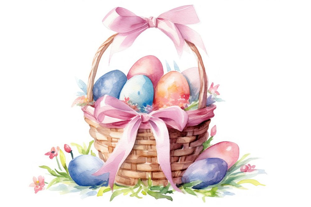 Easter egg basket ribbon plant white background. AI generated Image by rawpixel.