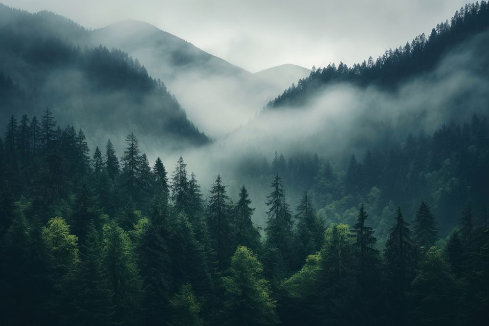 Misty mountain landscape forest mist outdoors. AI generated Image by rawpixel.
