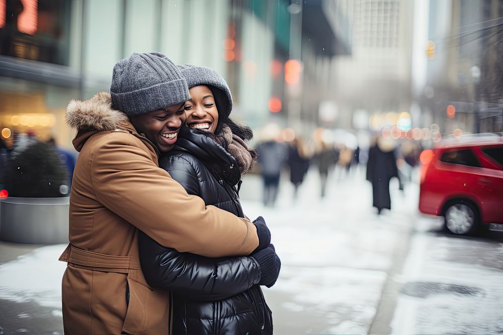 African American couple hugging winter adult. AI generated Image by rawpixel.
