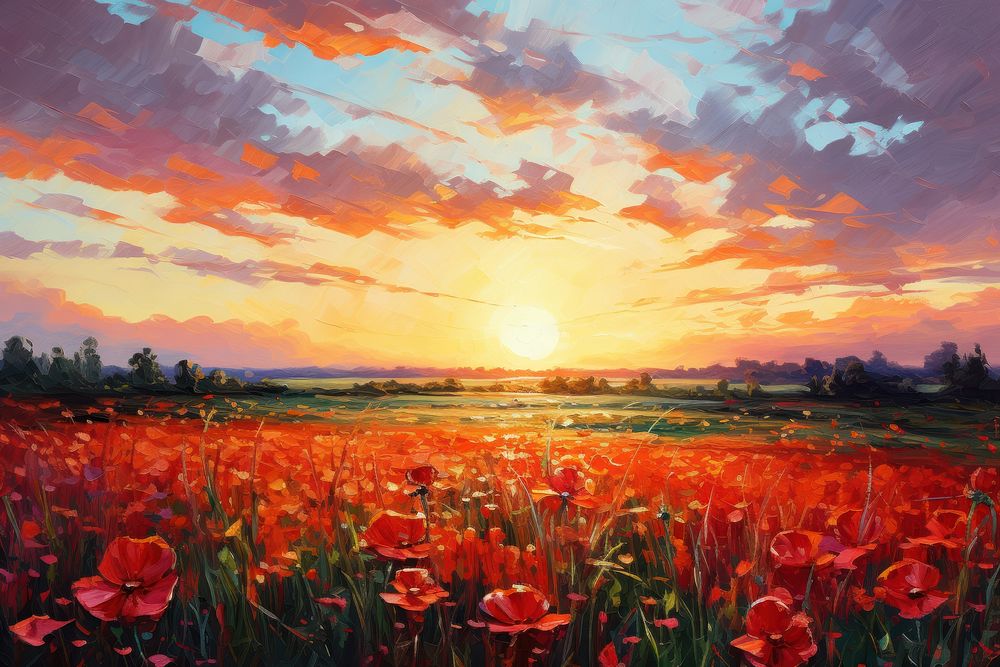 Sunset flower field landscape painting outdoors. AI generated Image by rawpixel.