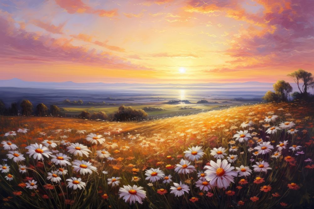 Sunset flower field landscape painting | Premium Photo Illustration ...