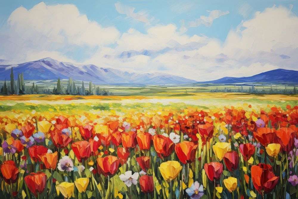 Tulip flowers field landscape painting grassland. AI generated Image by rawpixel.
