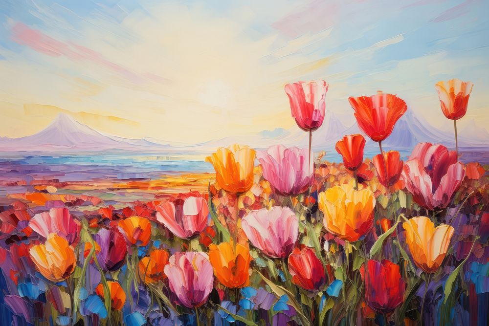 Tulip flowers field painting landscape outdoors. AI generated Image by rawpixel.