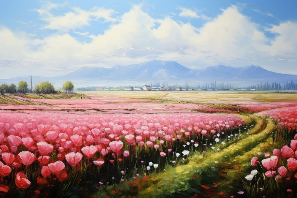 Tulip flowers field landscape painting outdoors. AI generated Image by rawpixel.