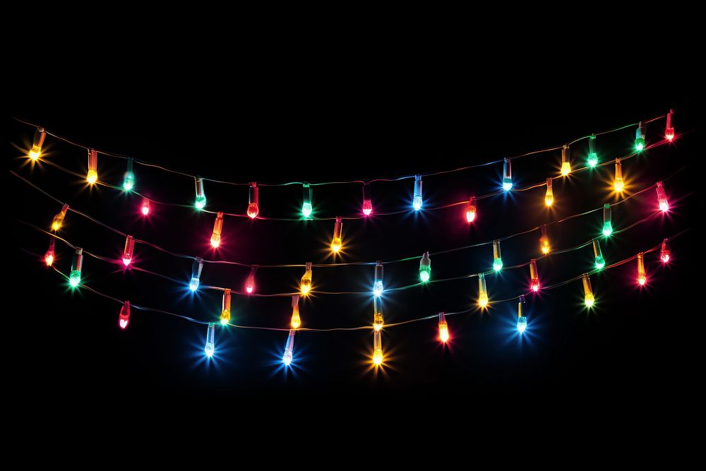 Photo of a colorful *string lights* isolated on black background , minimal, 8K --ar 3:2