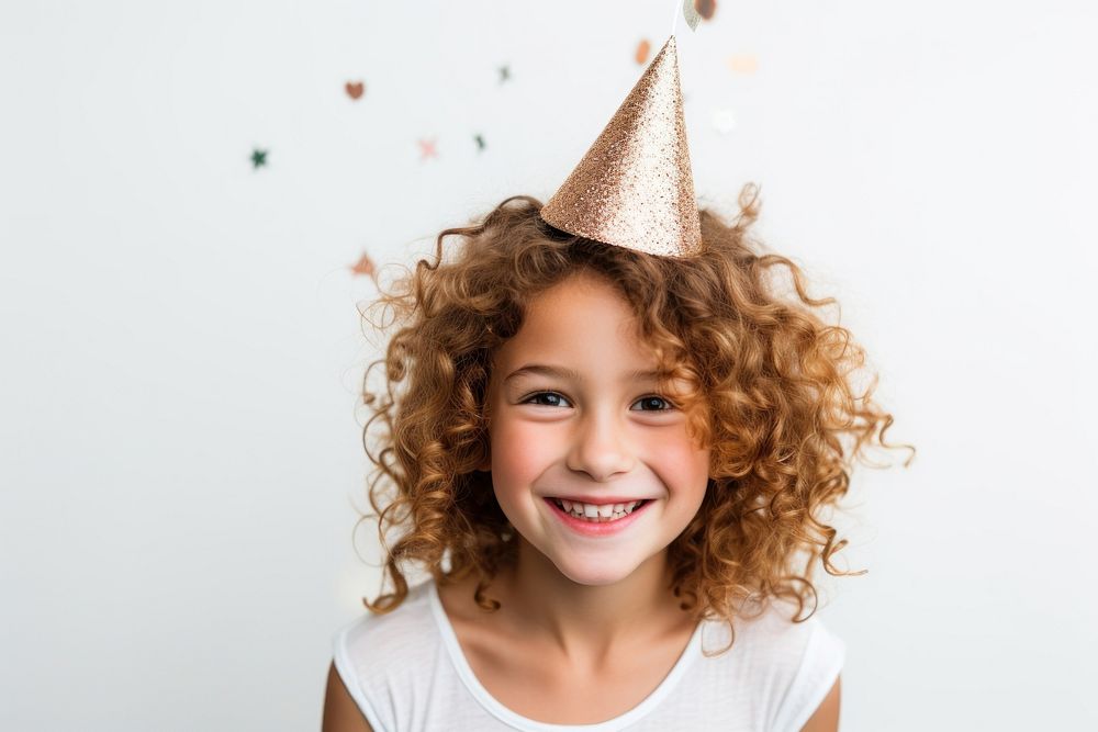 A happy girl wearing party hat portrait child photo. AI generated Image by rawpixel.