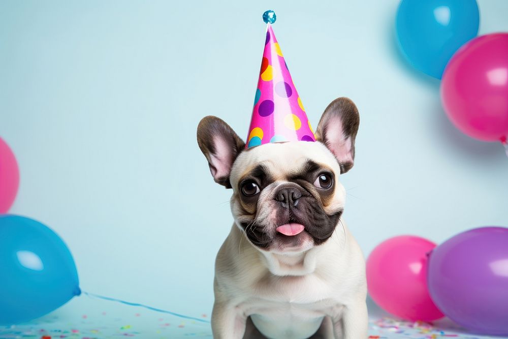 French bulldog wearing party hat balloon mammal animal. AI generated Image by rawpixel.