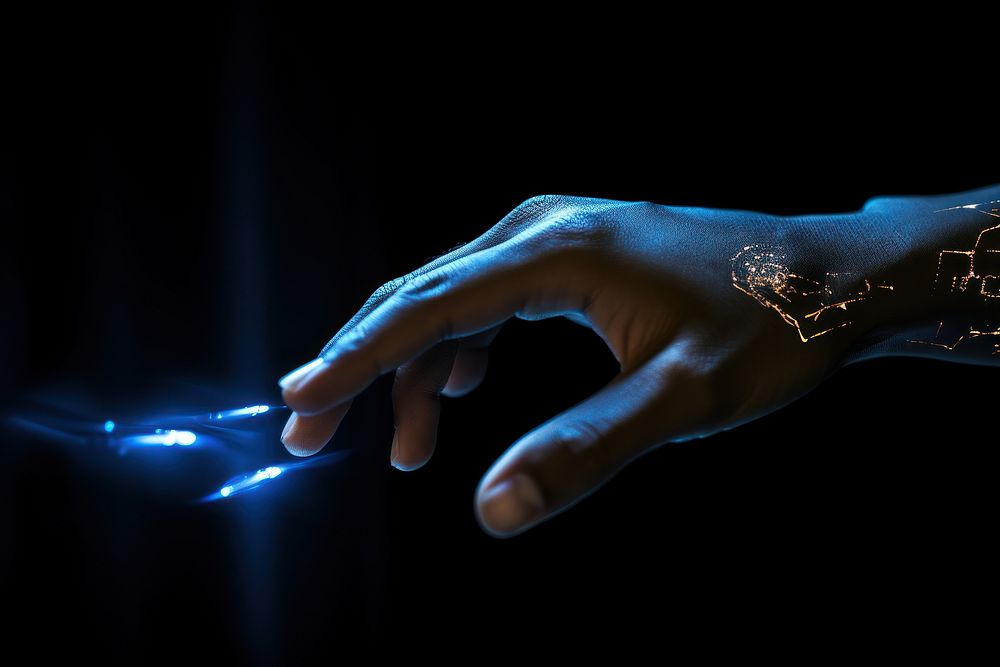 Hand touching simple AI technology graphic finger light adult. AI generated Image by rawpixel.