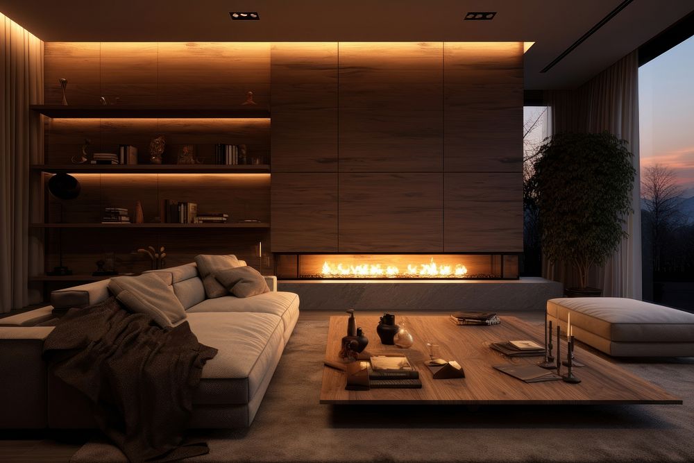 Livingroom architecture illuminated furniture. AI generated Image by rawpixel.