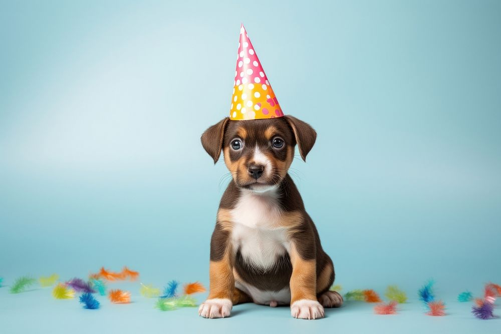 Puppy wearing party hat mammal animal dog. AI generated Image by rawpixel.