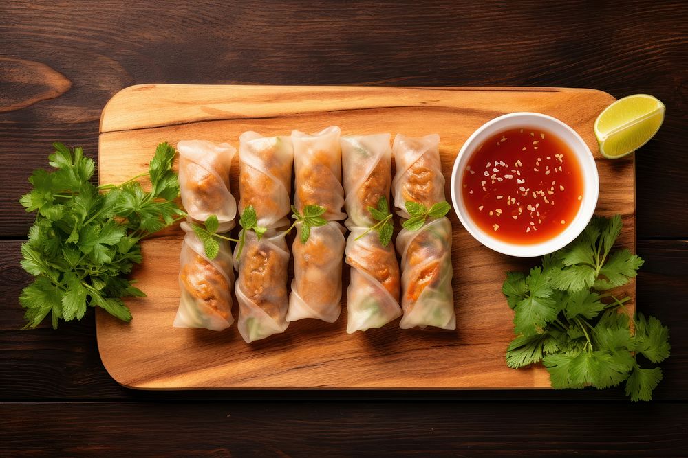 Spring rolls table food wood. AI generated Image by rawpixel.
