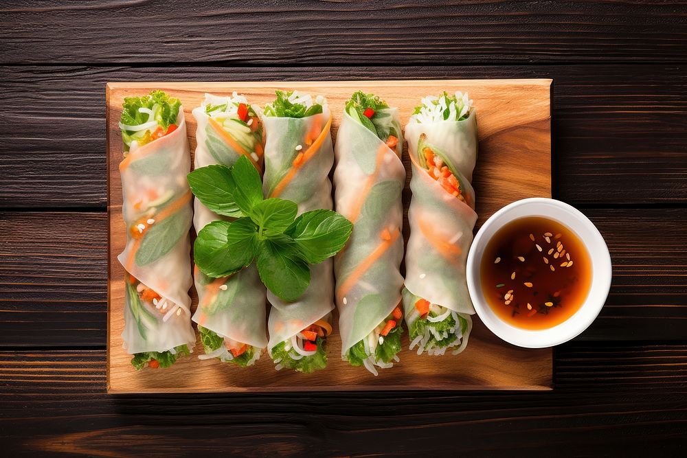 Spring rolls table food wood. AI generated Image by rawpixel.