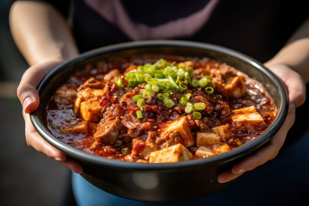 Female holding mapo tofu food meat meal. AI generated Image by rawpixel.