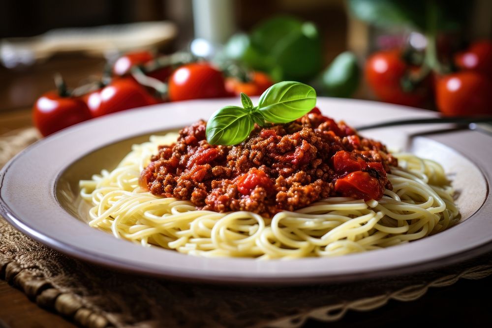 Bolognese sauce spaghetti pasta plate. AI generated Image by rawpixel.
