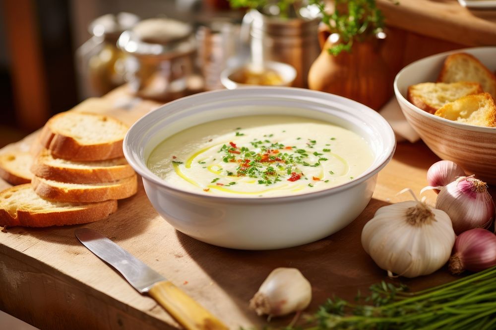 French garlic soup dish bread food. AI generated Image by rawpixel.