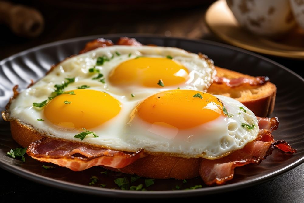 Grilled bacons fried eggs grilled toasts grilled hams plate food dish. AI generated Image by rawpixel.