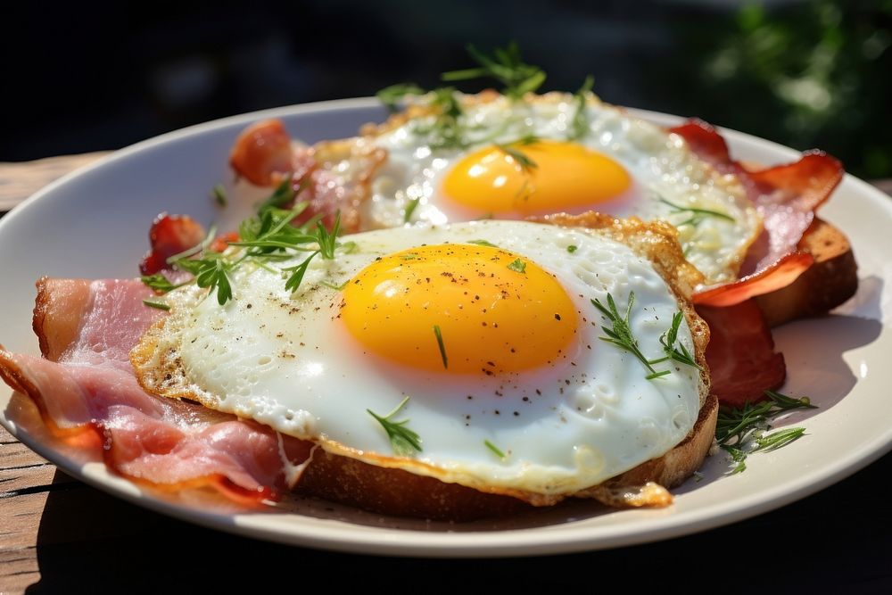 Grilled bacons fried eggs grilled toasts grilled hams plate food dish. AI generated Image by rawpixel.