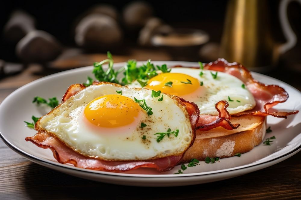 Grilled bacons fried eggs grilled toasts grilled hams brunch plate food. AI generated Image by rawpixel.