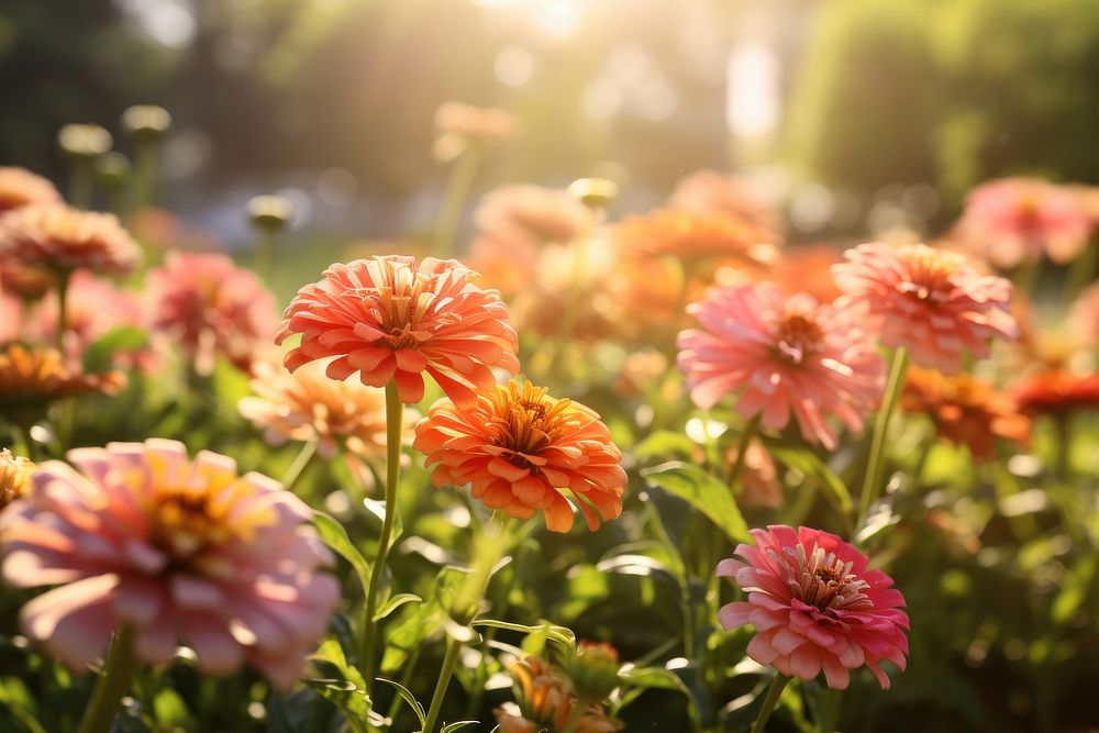 Zinnias garden sunlight outdoors blossom. AI generated Image by rawpixel.