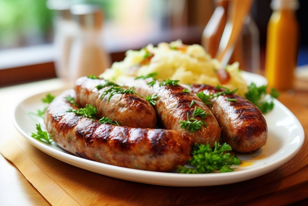 Bratwurst plate meat food. AI generated Image by rawpixel.