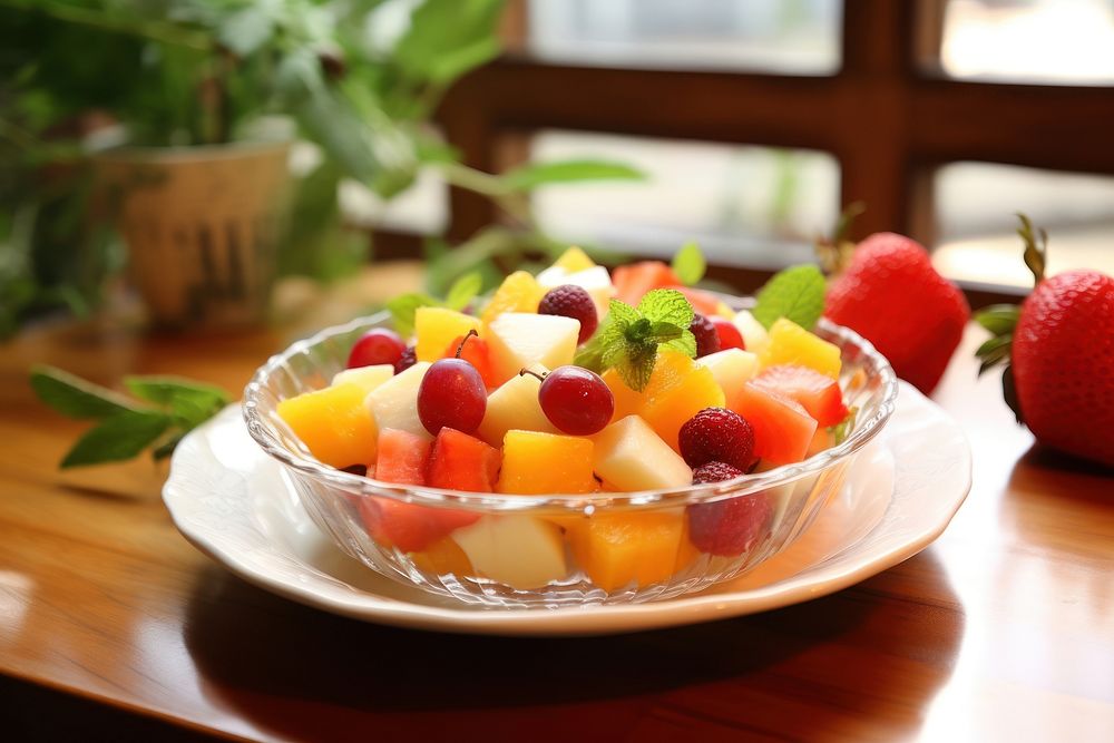 Fruits salad strawberry table plate. AI generated Image by rawpixel.