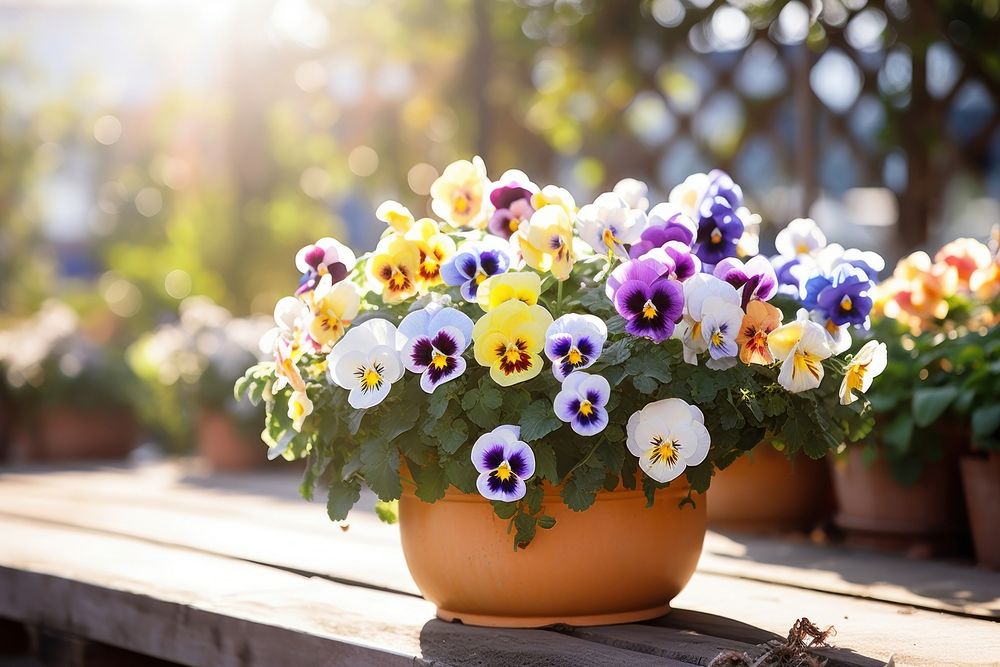 Flower pansy sunlight blossom. AI generated Image by rawpixel.