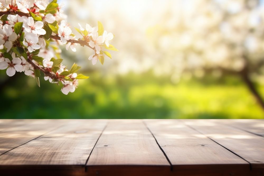 Table sunlight outdoors blossom. AI generated Image by rawpixel.