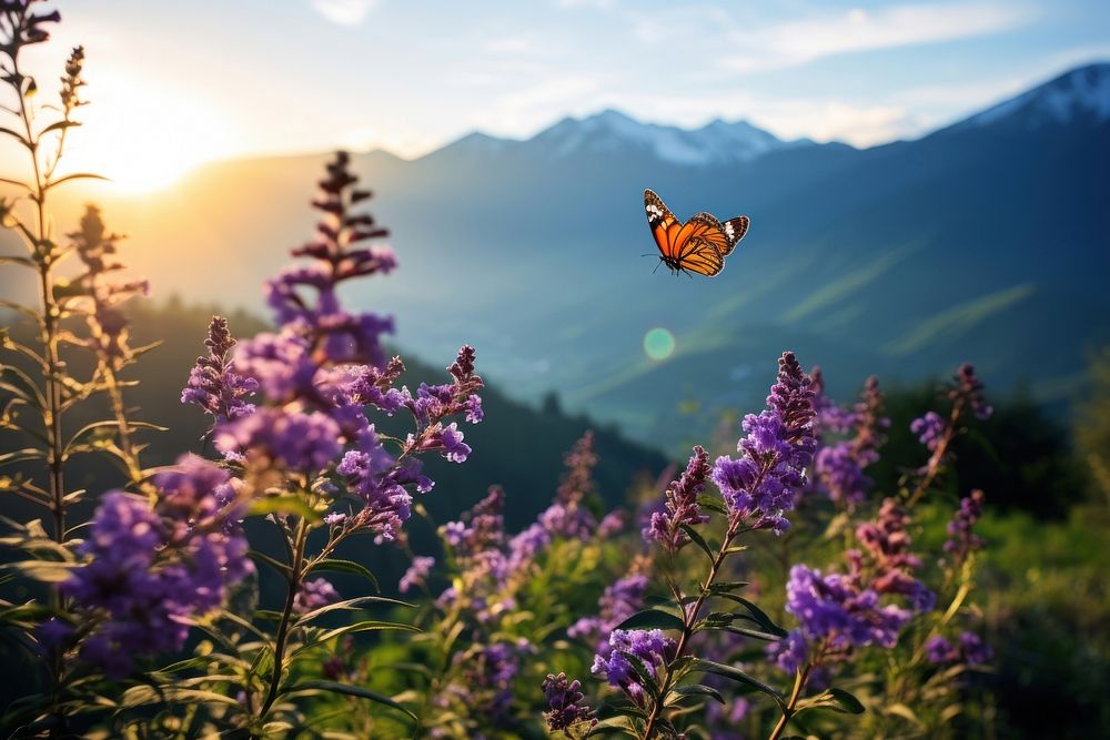 Landscape butterfly flower mountain. AI generated Image by rawpixel.