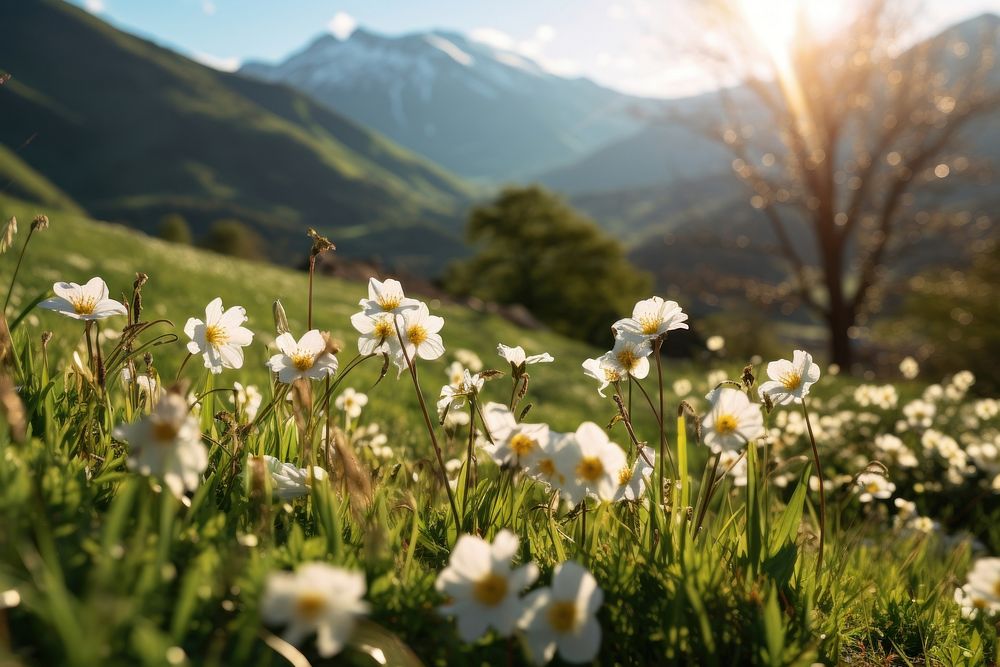 Landscape mountain flower grassland. AI generated Image by rawpixel.