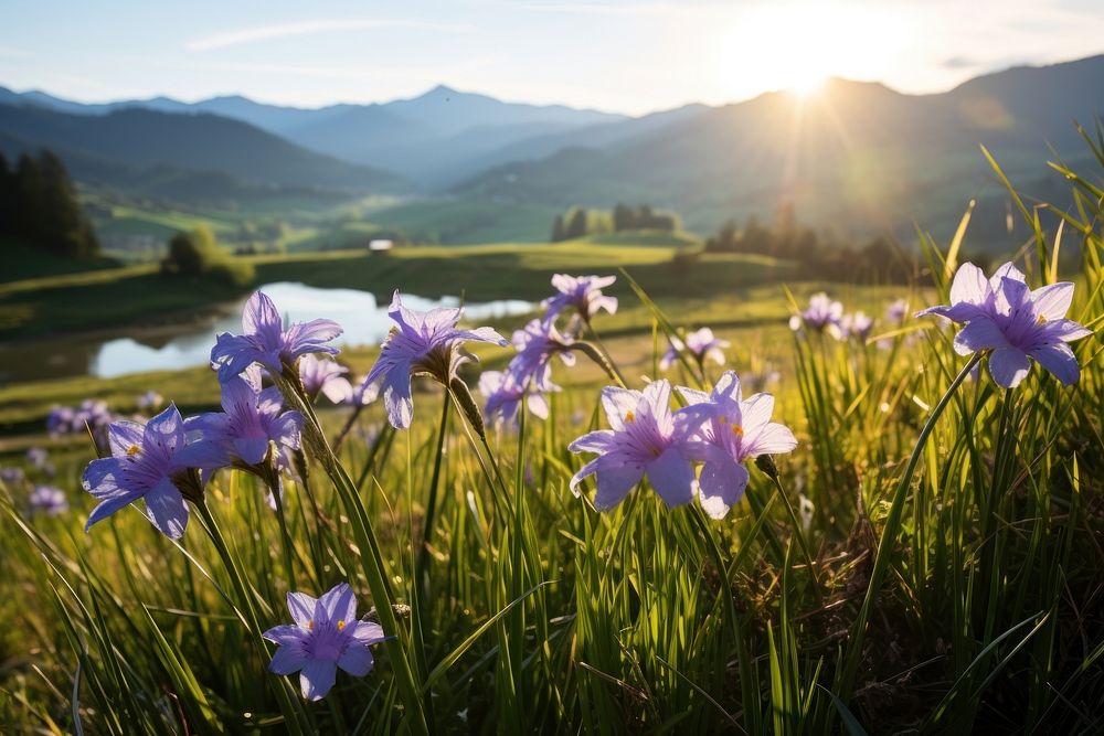 Landscape flower iris grassland. AI generated Image by rawpixel.