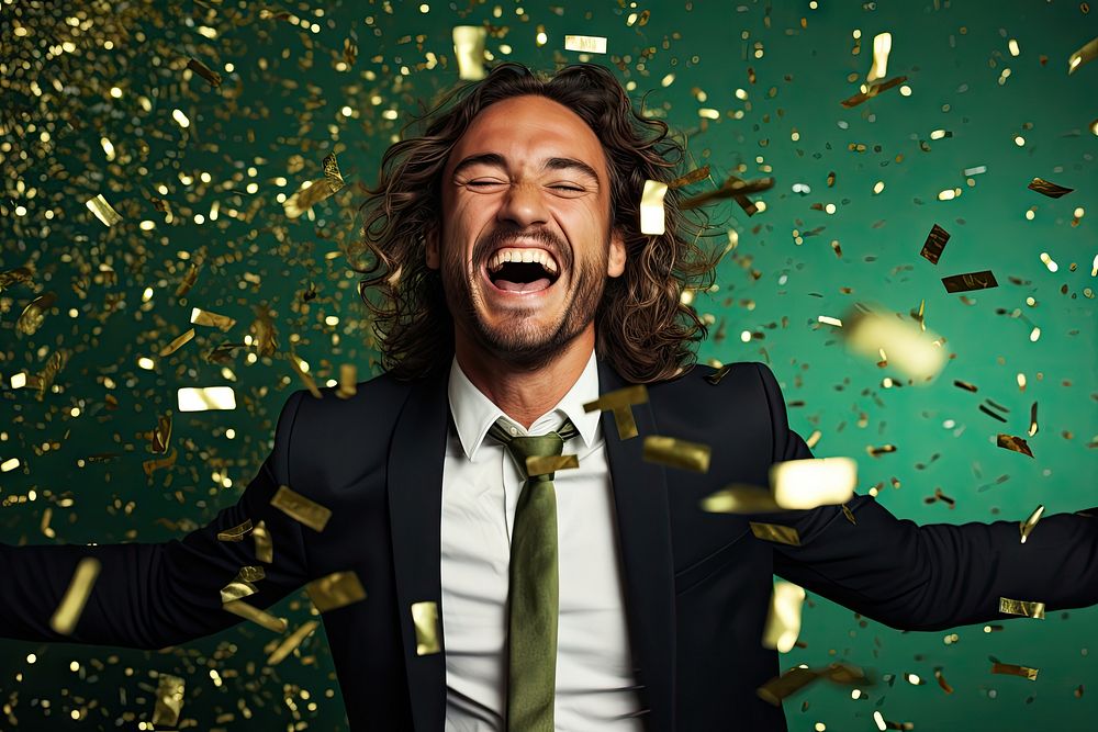 Gold confetti laughing adult party. AI generated Image by rawpixel.