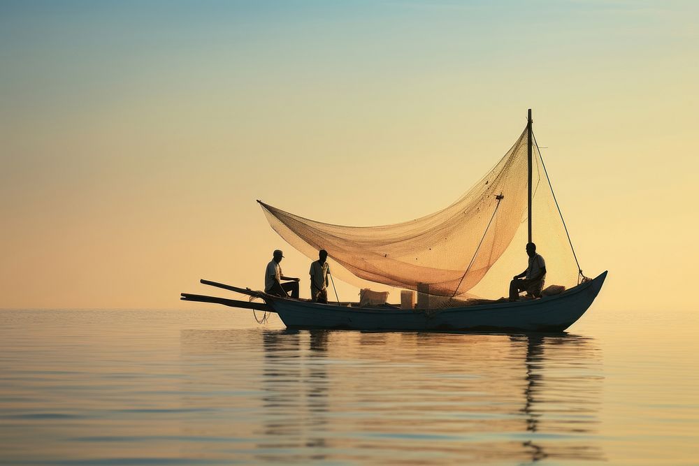 Three fishermen working on a boat that has a net on the back of it fishing watercraft sailboat. AI generated Image by…