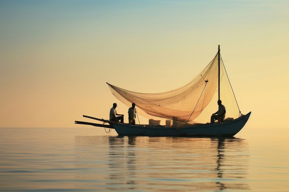 Three fishermen working on a boat that has a net on the back of it fishing watercraft sailboat. 