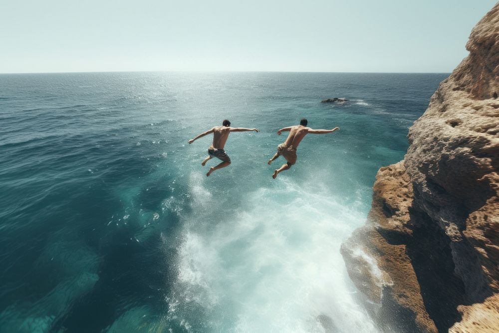 Two people jumping out of a cliff in front of transparent sea outdoors nature diving. AI generated Image by rawpixel.