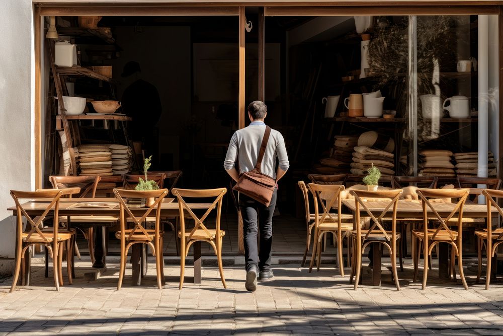 A man with apron carrying chairs cafe restaurant furniture. AI generated Image by rawpixel.