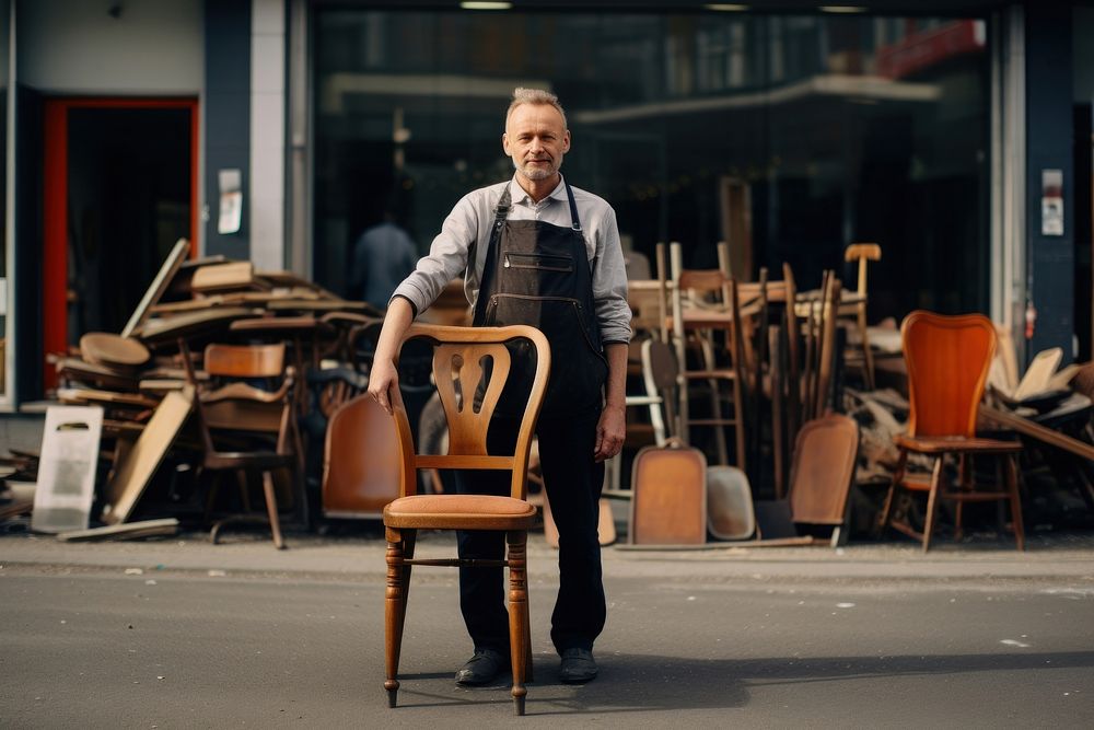 A man in apron holding an old chair furniture street adult. AI generated Image by rawpixel.