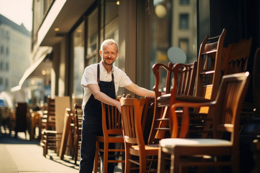 A man in apron holding an old chair furniture waiter adult. AI generated Image by rawpixel.