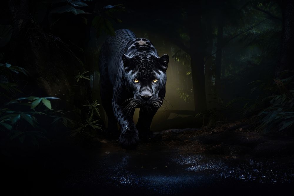 A calm black leopard walking outdoors nature plant. AI generated Image by rawpixel.